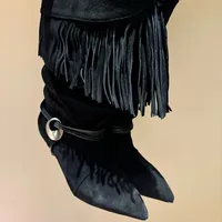 Tassel Cowboy Boots Soft Leather Botas Mujer Point Toe Leather Bottes Femmes Round Pendant Bota Feminina Design Mid Calf Botines 1