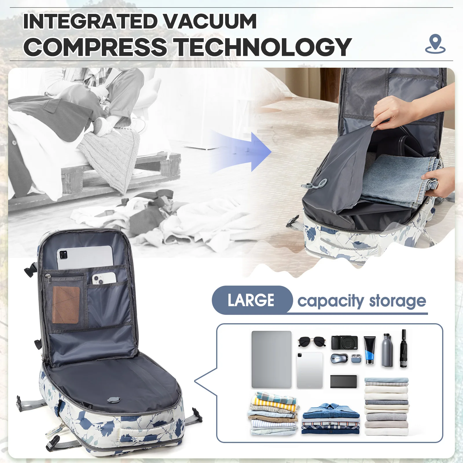 Travel Vacuum Storage Backpack With Pump, Vacuum Compression Travel Backpack Space Saver for Clothing, Carry on Laptop Backpacks