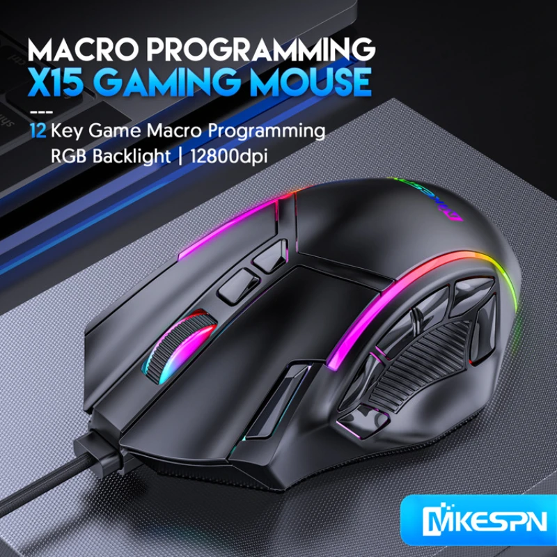 

Игровая макро-мышь RGB, 12800DPI, 12 программируемых клавиш, макс. до 6 уровней