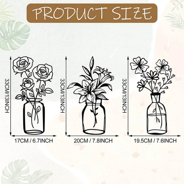 3Db Virág Váza Fém Fali Dekoráció Fekete Vas Szobor Hálószobához - Image 6
