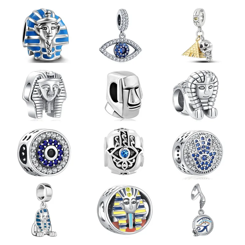 Fine 925 silver feature Egypt Charms Sphinx Bead Devil's Eye Dangle