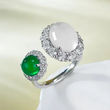 S925 Silver Inlaid Natural Foam Jade 8 * 10mm Oval Open Ring with Egg Green Chalcedony 6.0 Wedding Jewelry 1