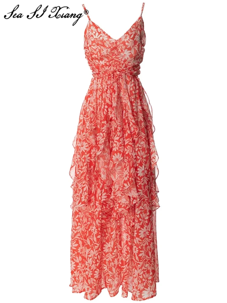 

Seasixiang Fashion Designer Summer Dress Women V-Neck Sleeveless Ruffle Flowers Print High Waisted Vacation Long Dresses