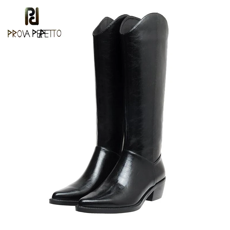 

2022 Black Leather Thick Heel Boots Knee High Zip Pointed Toe Long Boots Fashionable Chelase Western Knight Bootie Cowboy Bota