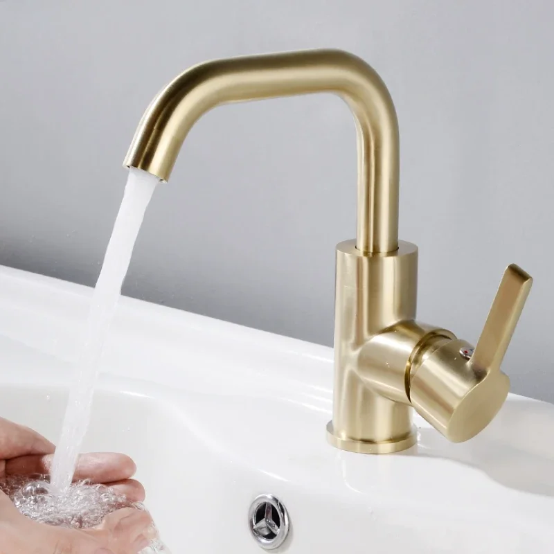 

All-copper black hot and cold faucet washbasin bathroom rotatable antique European-style gold wire drawing single-hole faucet.