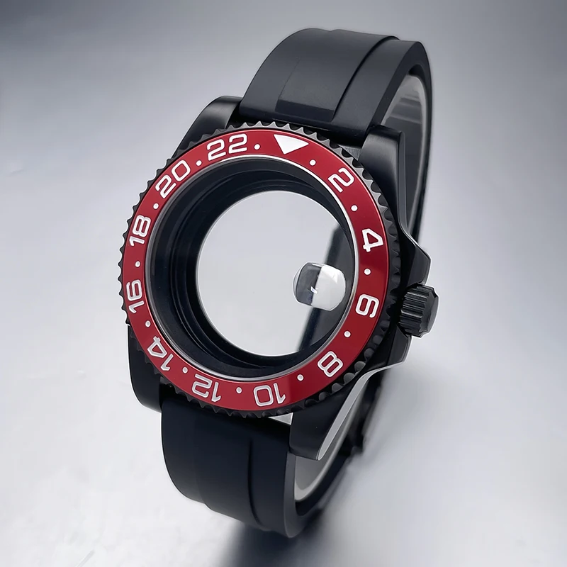All-Black Sub Style Watch Case with Rubber Strap and Sapphire Crystal