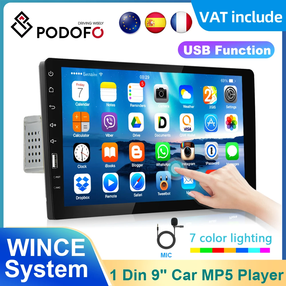 Podofo 1Din Autoradio Lettore Video Multimediale 9 ''Mp5 Player Mirror Link Bluetooth Fm Autoradio Touch Screen Per Universale