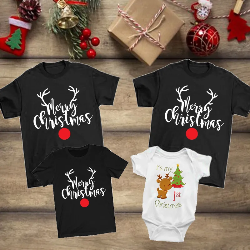 

Deer Merry Christmas Family Matching Clothes Mother Father Daughter Son Kid Tshirt Baby Romper Party T Shirt Mommy and Me Tops