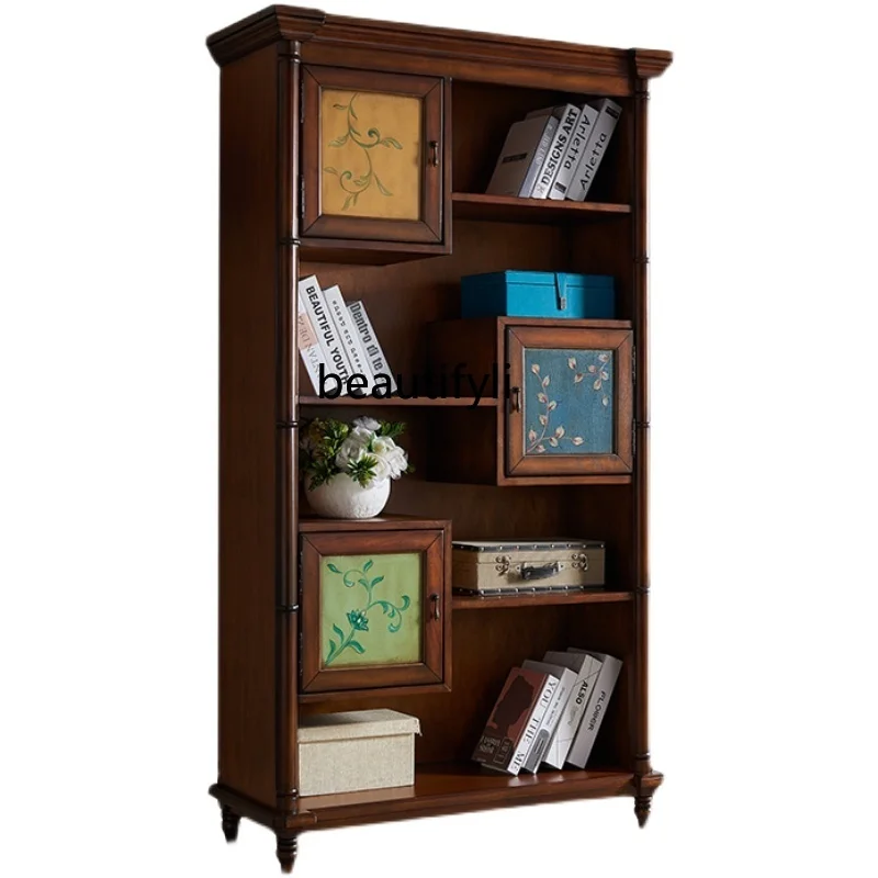 

American-Style Solid Wood Bookcase Painted Bookshelf Distressed Wine Rack Storage Home Study High Cabinet