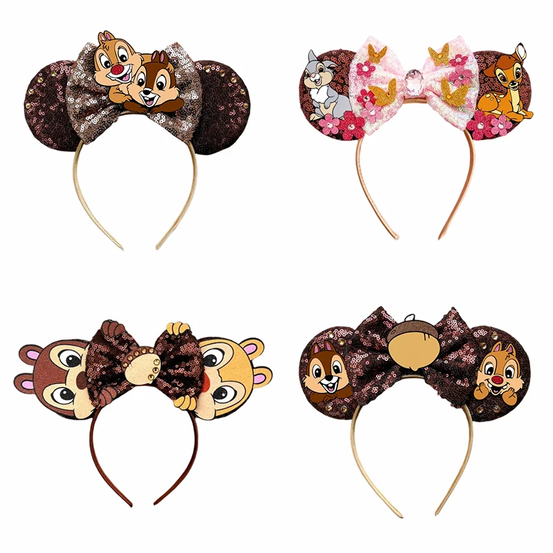 Cartoon Chip 'n' Dale Hair Accessories Kid Squirrel Hair Band Girl Disney Sequins Bow Ears Hairband Women Pinecone Head Bands silverbrush blackvelvet squirrel