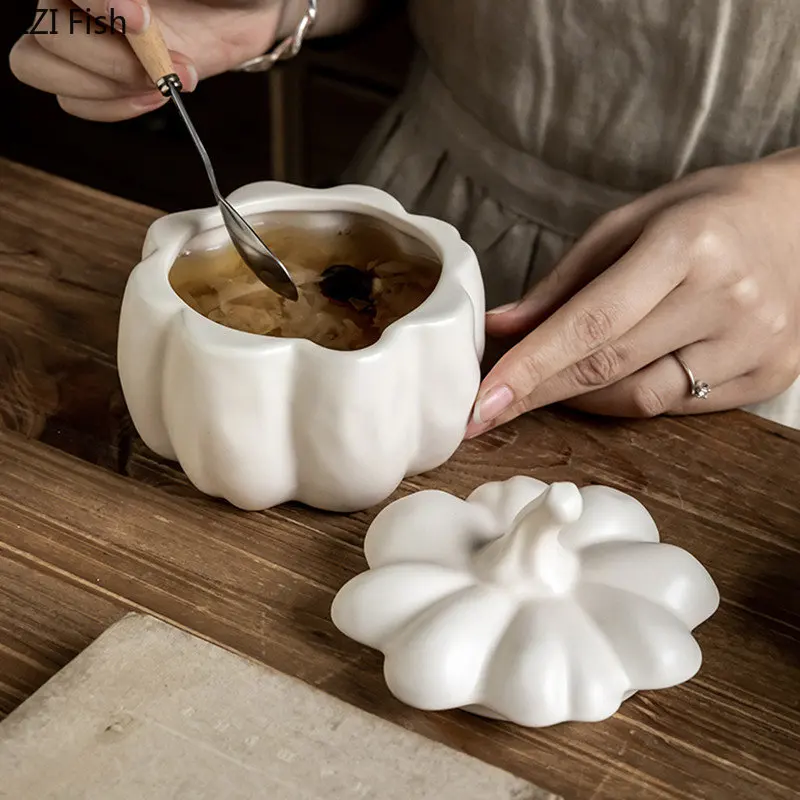 Ceramic Storage Jar Ceramic Storage Tank Pumpkin Shape Porcelain Bowl Ceramic Candle Jar Candy Jar Store Canister Household Kitchen Container