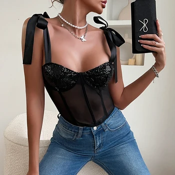 Top de encaje de empalme con purpurina, top halter de hueso de pescado, Bazaar, se puede usar en el exterior