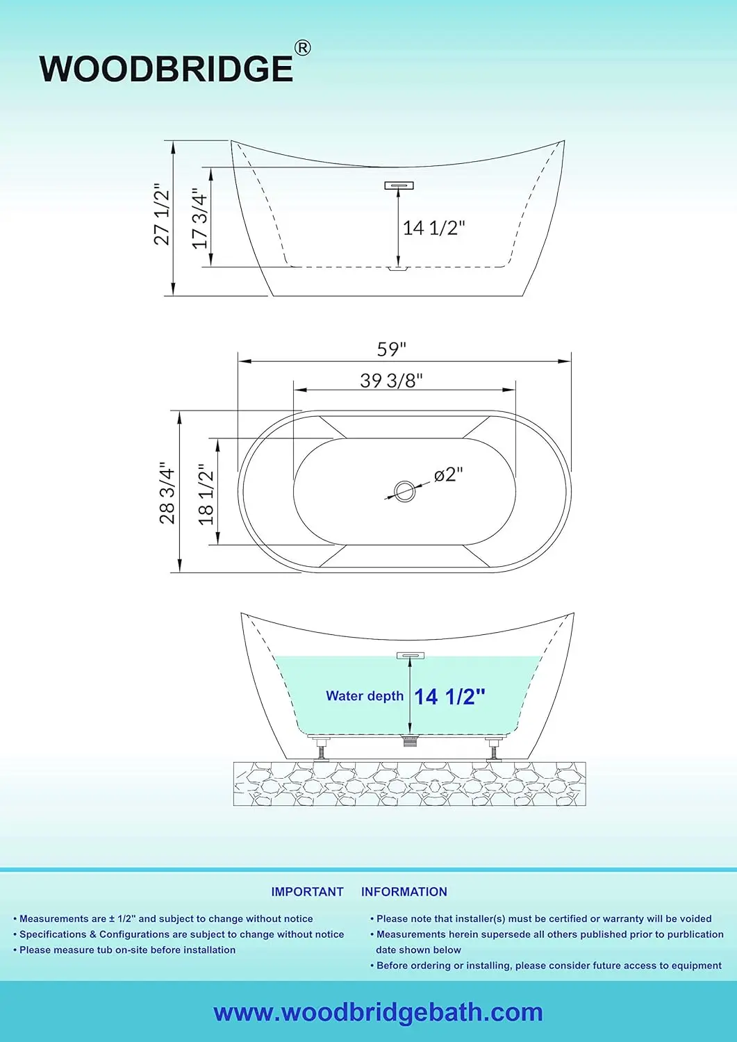 59 Acrylic Freestanding Bathtub Contemporary Soaking White Tub with Matte Black Overflow and Drain Anti slip design DURABLE