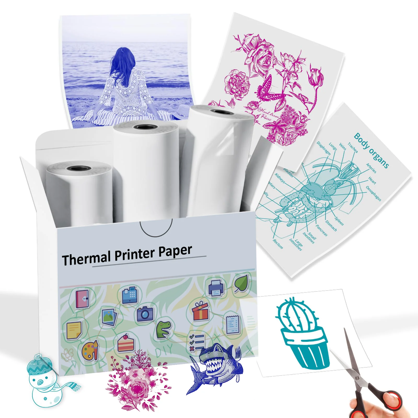 T02 3-Rolls Thermal Stickers Colorful/Self-Adhesive/Non-Adhesive/Transparent Mini Printers Journal/Study/DIY/Gifts/Travel/Party