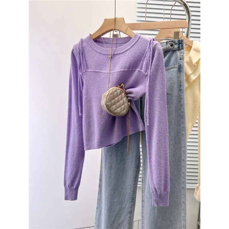 

2023 Korean Casual Purple Crewneck Fashion Lace Up Long Sleeve Hedging Knitwear Sweater for Women Chic All-match Knitted Top