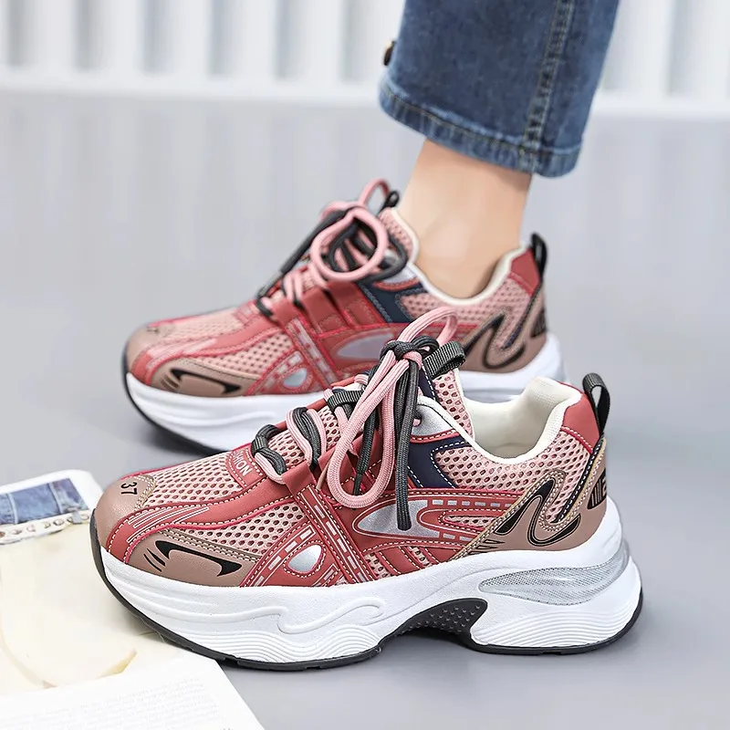 2024 Women Walking Sneakers Autumn Lace-up High Platform Chunky Shoes Breathable Leather Shoes Winter Wedge Heels Casual Shoes