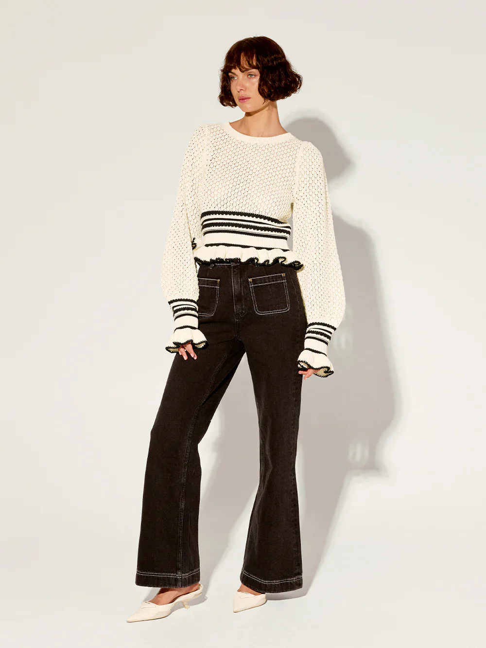 Knitted Ruffle Cuff Tightening Pullover for Women
