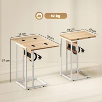 Table d'appoint pour canapé avec plateau pliable et station de charge, forme en C, pour salon, blanc et naturel 4
