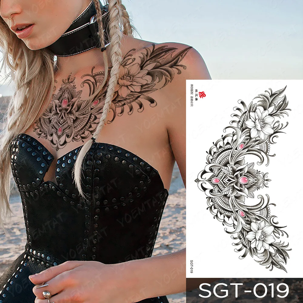 Grande petto vita spalla schiena adesivo tatuaggio temporaneo impermeabile  pizzo pietra preziosa fiore falso tatoo sottosob body art per le donne -  AliExpress, image size:1000x1000