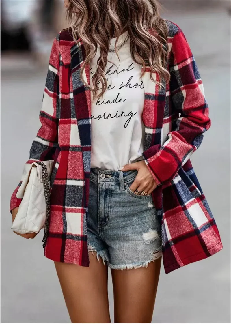 2024 Autumn Early Winter Coat Women Plaid Long Sleeve Loose Jacket Women's Fashion Streetwear Outwear High Street Jackets