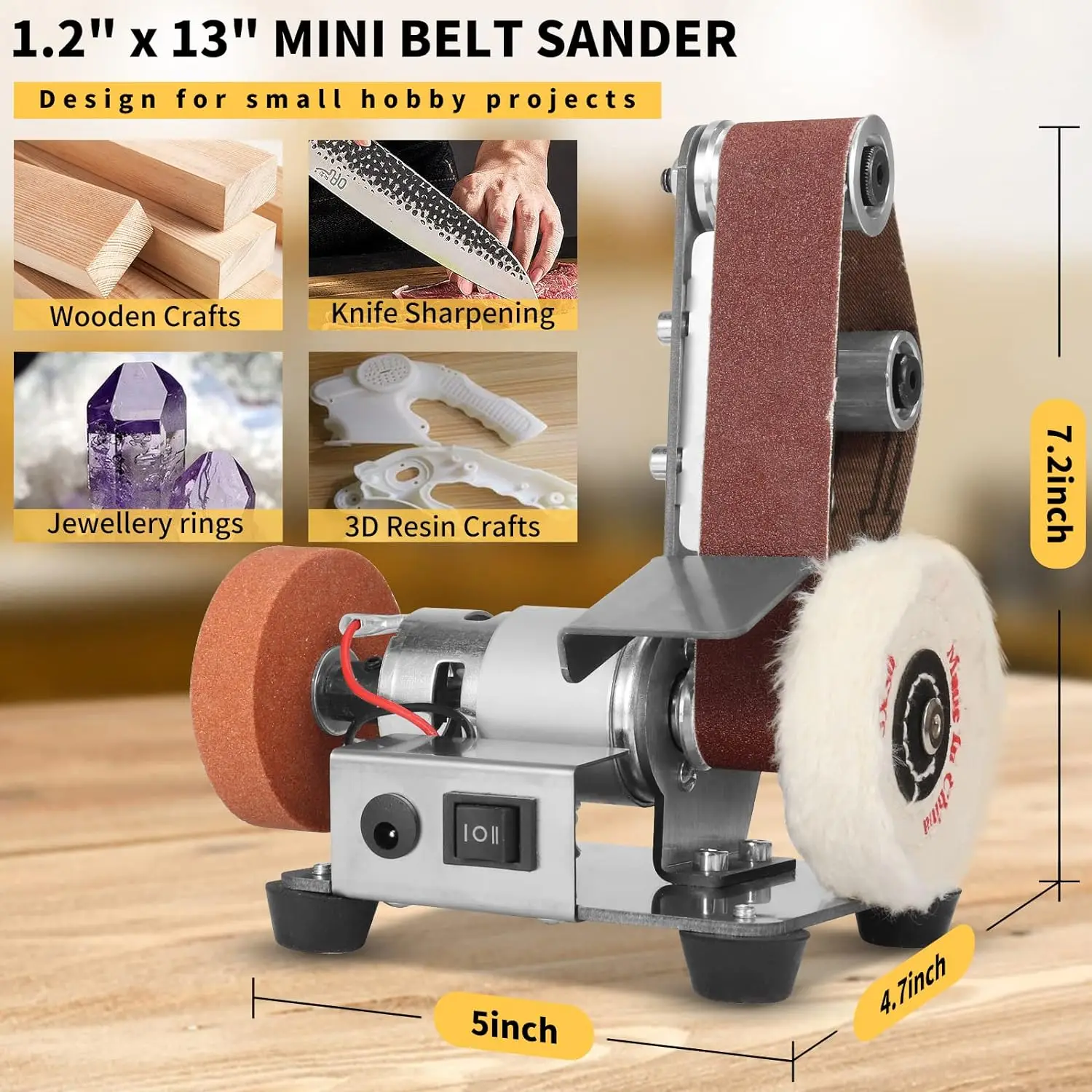 Mini Belt Sander Electric Sanding Polishing Grinding Machine 7 Variable Speed with Grinding Wheel for Polishing Wood Acrylic 4