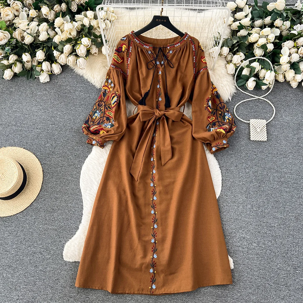 

Croysier Holiday Bohemian Dresses 2023 Women Elegant Vintage Embroidery Dress Round Neck Tie Long Sleeve Midi Dress With Belt