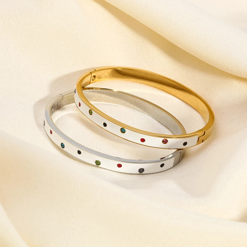 18KGoldPlatedStainlessSteelColorfulCubicZirconiaWhiteEnamel