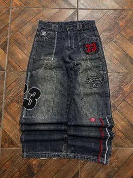 Y2K Fashion Letters Embroidered Big Pockets Washed Baggy Jeans Women High Street Vintage Hip Hop Popular Wild Wide-leg Pants 1