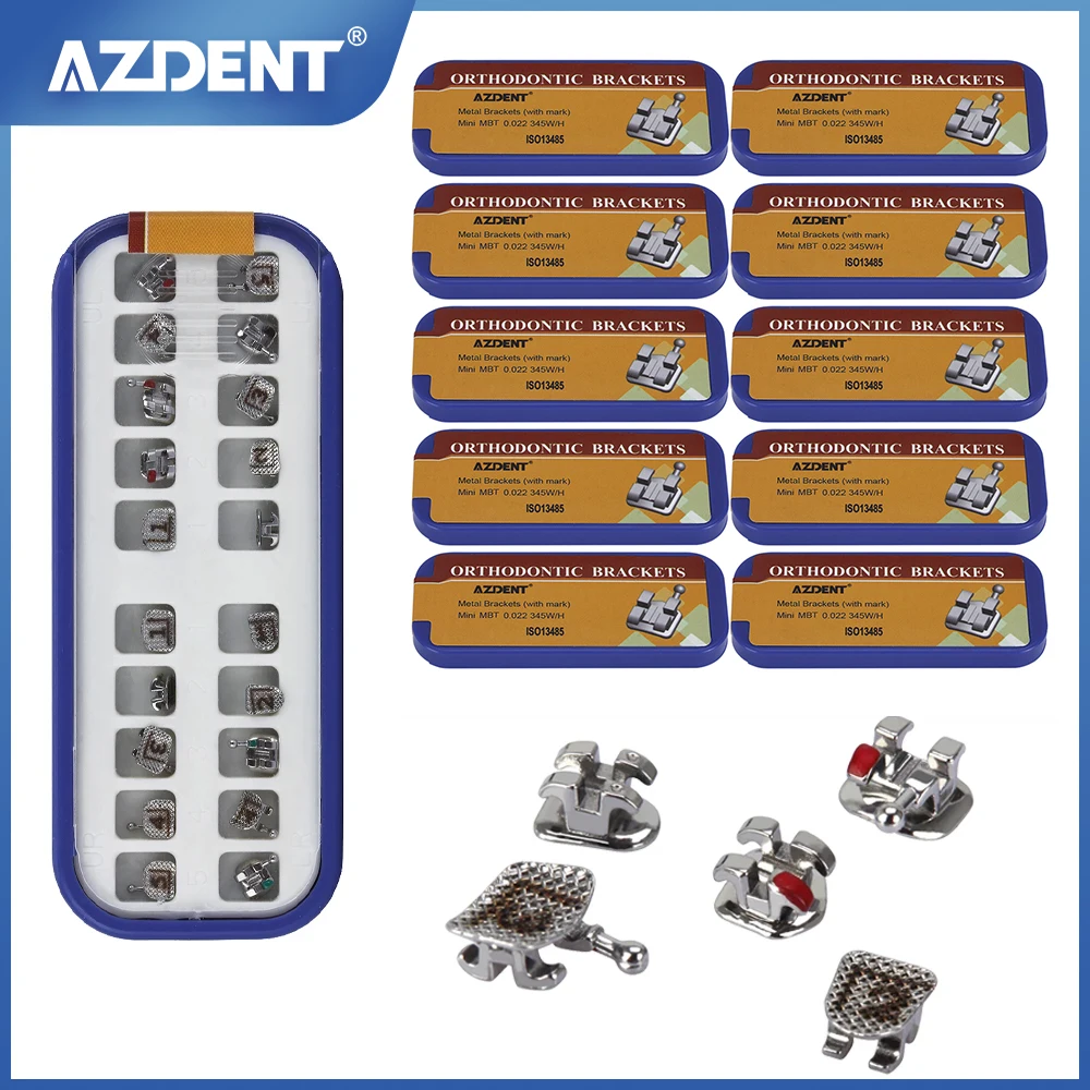 AZDENT 10 กล่องทันตกรรมจัดฟันวงเล็บโลหะ MINI Roth MBT 022/018 ตะขอ 345 MIM Monoblock Braces สําหรับฟัน 1