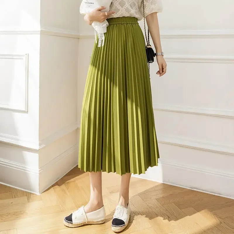 Pleated Skirt Women Summer Fashion Mid-length Elastic Waist Thin A-line Skirt Female Vintage Umbrella Skirt Large Size Bottoms