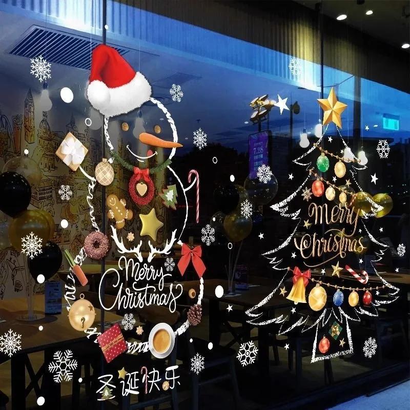 Christmas Window Stickers Party Bar Shop Ornaments Tree Snowflake Window Stickers Reusable Xmas Santa Decal for Home