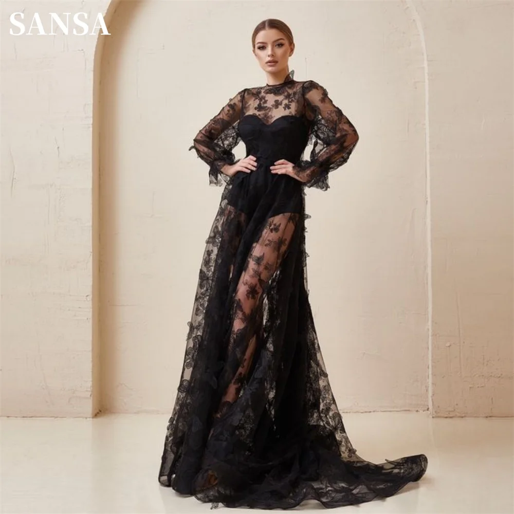 

Sansa Black High Neck فساتين السهرة Sexy Perspective A-line Tulle Prom Dress 3D Butterfly فساتين سهره فاخره Vestidos De Noche