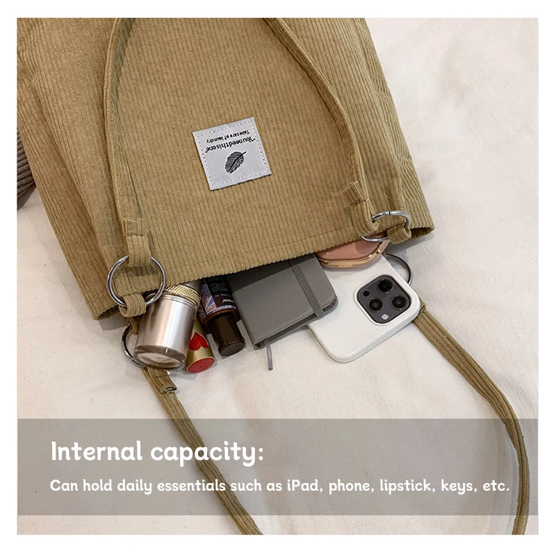 Corduroy Single Shoulder Bag Student Retro Large Capacity Canvas Bag Versatile Commuting Tote Bags Minimalist Handbag Woman