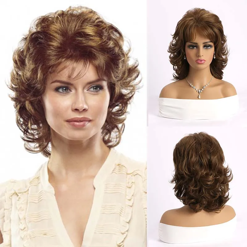 

Short Light Brown Wigs Synthetic Pixie Cut Curly Wave Wig With Bangs For Women Mommy Daily Wear Fake Hair High Temperature Fiber