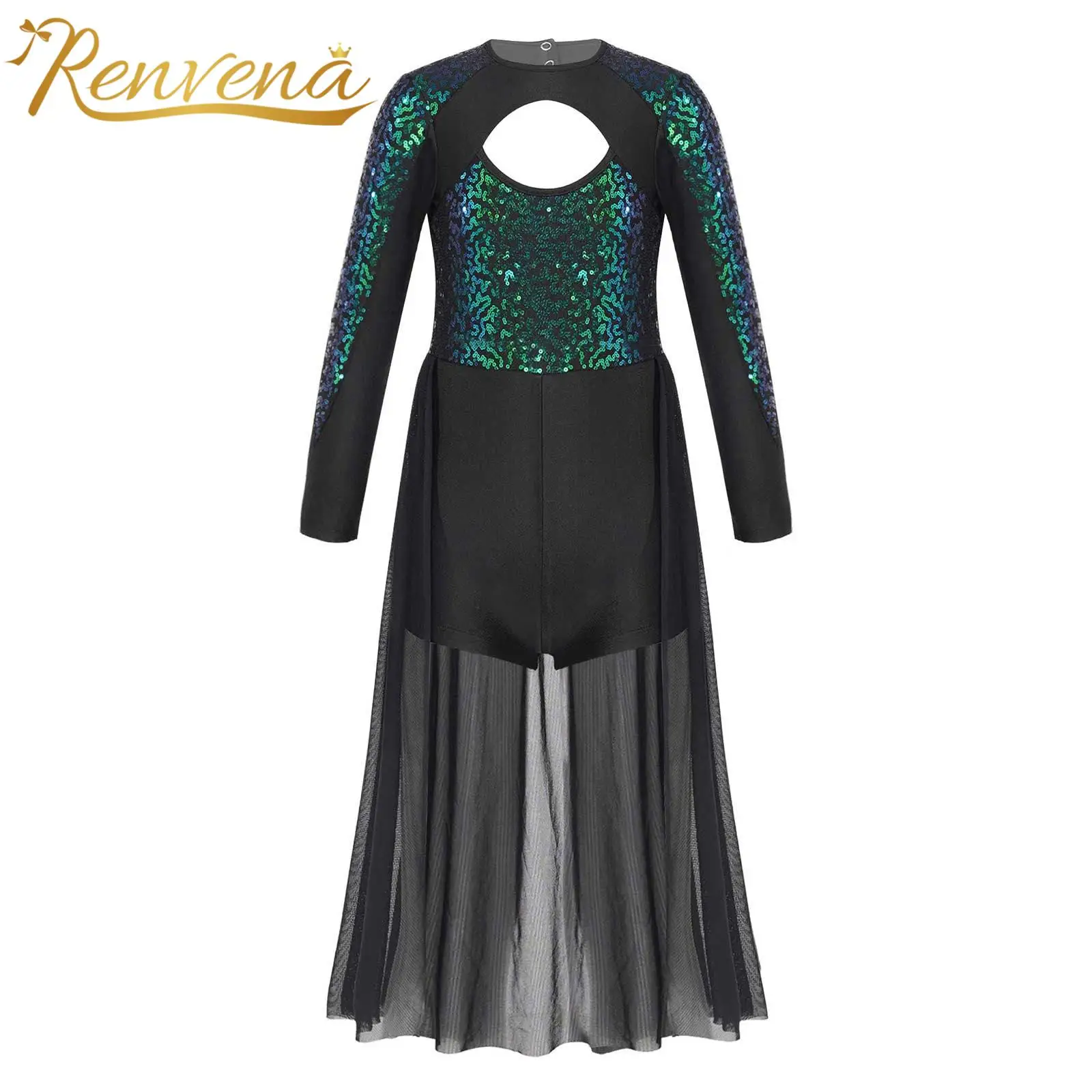 Children Girls Shiny Sequins Ballet Unitard Dance Dress Long Sleeve Dancewear For Modern Dance Costume Kids Gymanstics Leotard