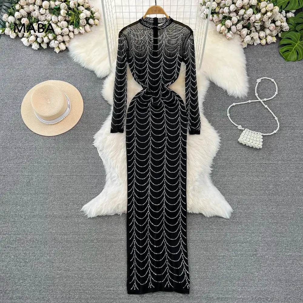 

2024 сексуальное роскошное Сетчатое облегающее длинное платье со стразами, женские облегающие эластичные вечерние платья-карандаш высокого качества с круглым вырезом