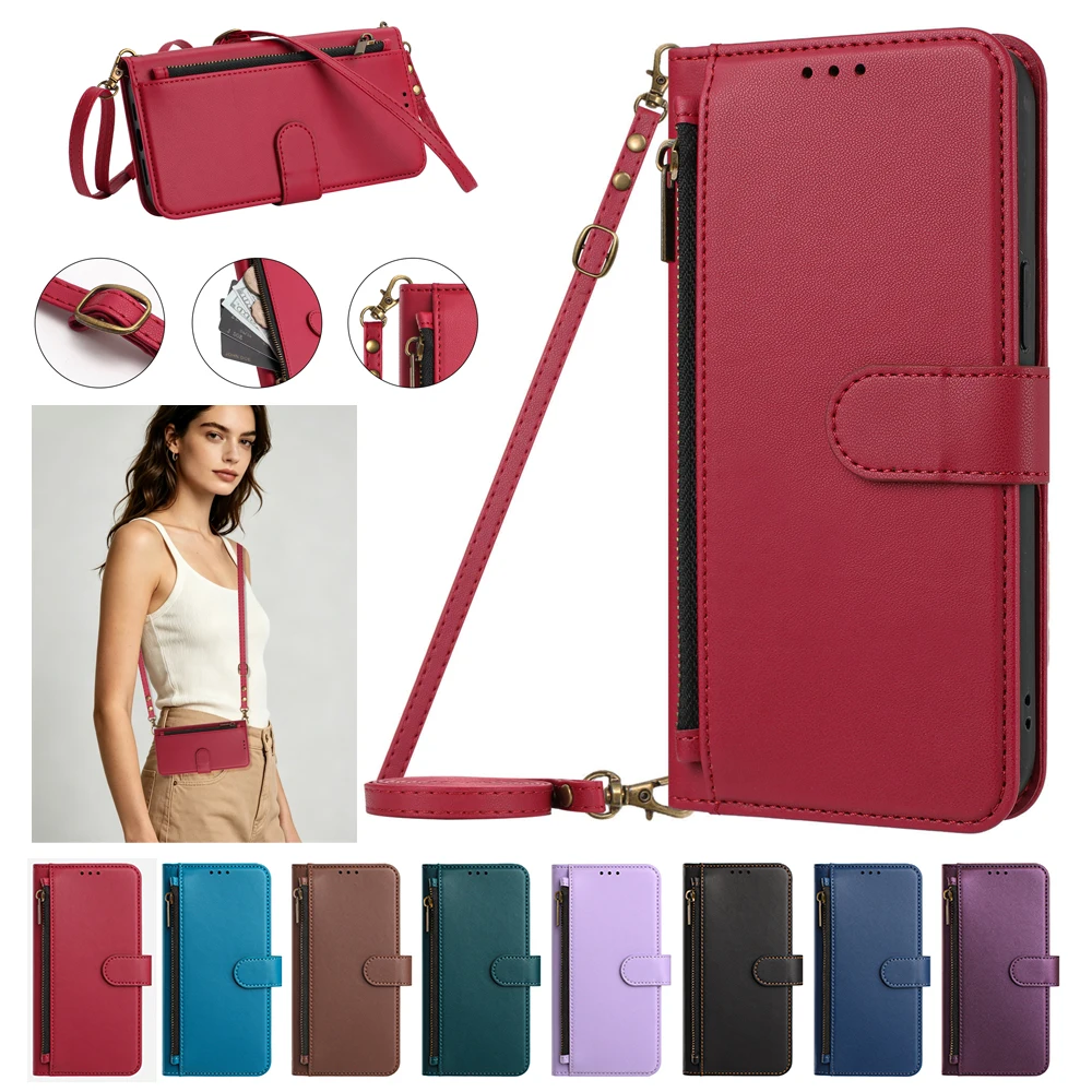 Leather Wallet Crossbody Phone Case with Lanyard Strap and Zipper