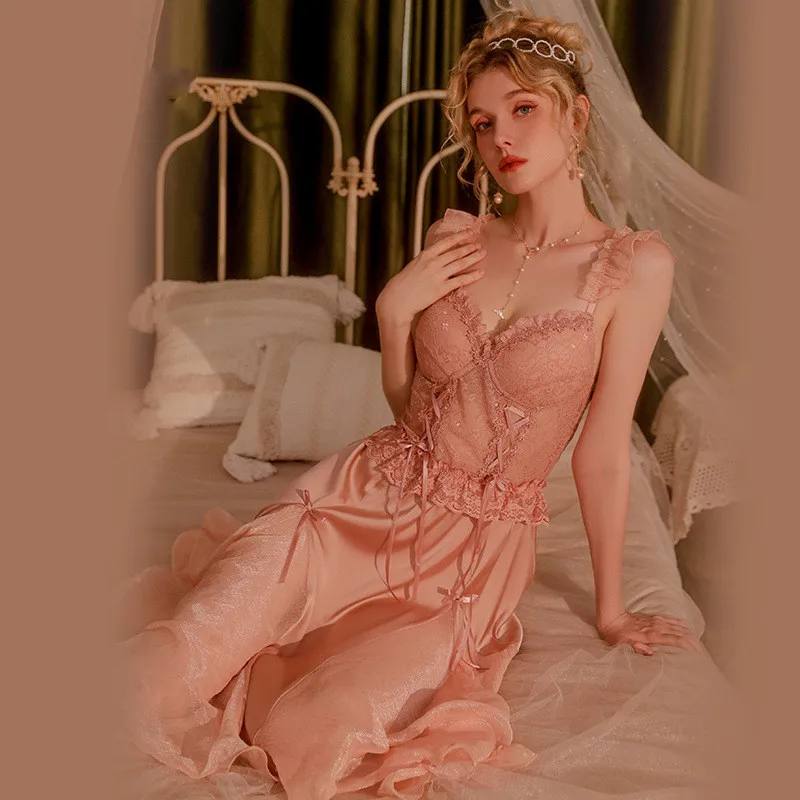 

Ночная рубашка в Королевском Стиле, женский халат, Сексуальная кружевная ажурная ночная рубашка, летняя одежда для сна, домашняя одежда