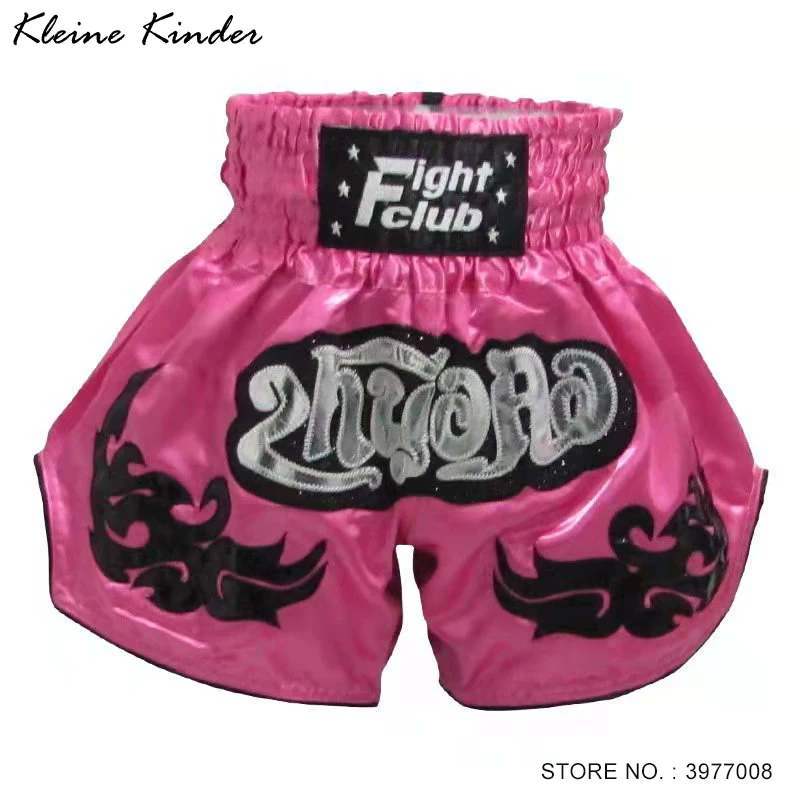 

Muay Thai Shorts Embroidery Boxing Shorts Child Women Men Breathable Satin Kickboxing Sparring Grappling Cage Fighting Pants