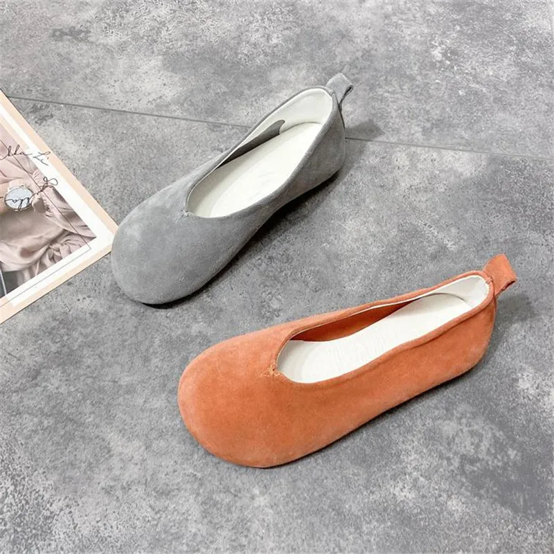 Green High Quality Abrasive Leather Beanie Flat Women Shoes Single Shoes Solid Color Simple Round Toe Maternity Shoes Size 35-40
