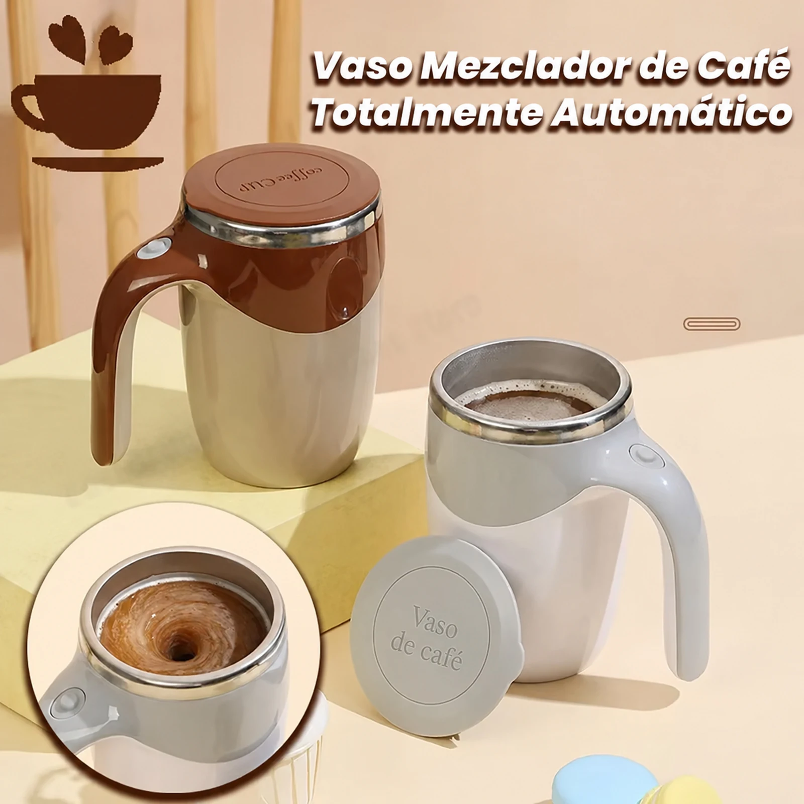 Vaso Mezclador Magnético Automático 380ml, Taza Eléctrica Multifuncional para Café, Leche y Bebidas, Recargable USB