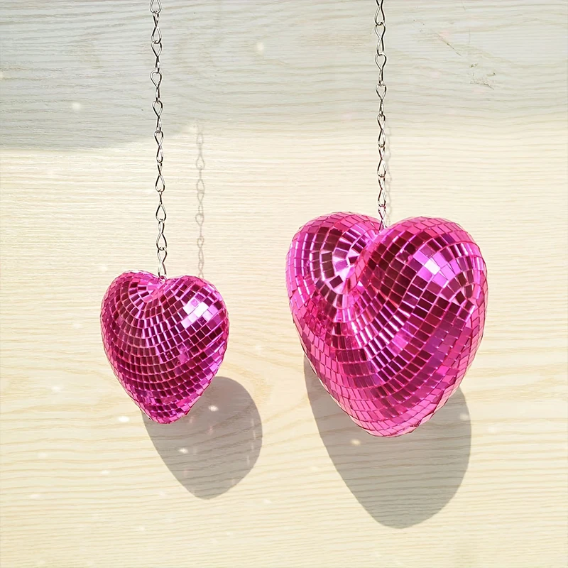 Description Picture 2 of item1pc Heart Shape Disco Ball Reflective Glass Party Atmosphere Hanging Decorations Colorful Disco Ball With Chain Party Supplies