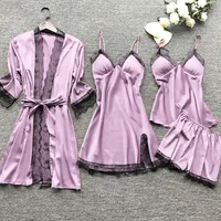 4 Pieces/Set Women's Sexy Lace Pajamas Fashion V-Neck Gown Comfort Pajamas Pajamas Pajamas with Chest Pads Nightdress - Image 3
