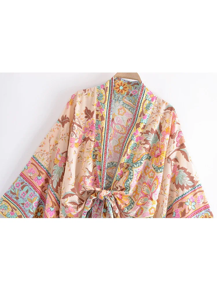 Vintage Peacock Floral Print Short Kimono Women Fashion Rayon Cotton Batwing Sleeves Ladies Beach Robe Bikini Boho Cover-ups 4