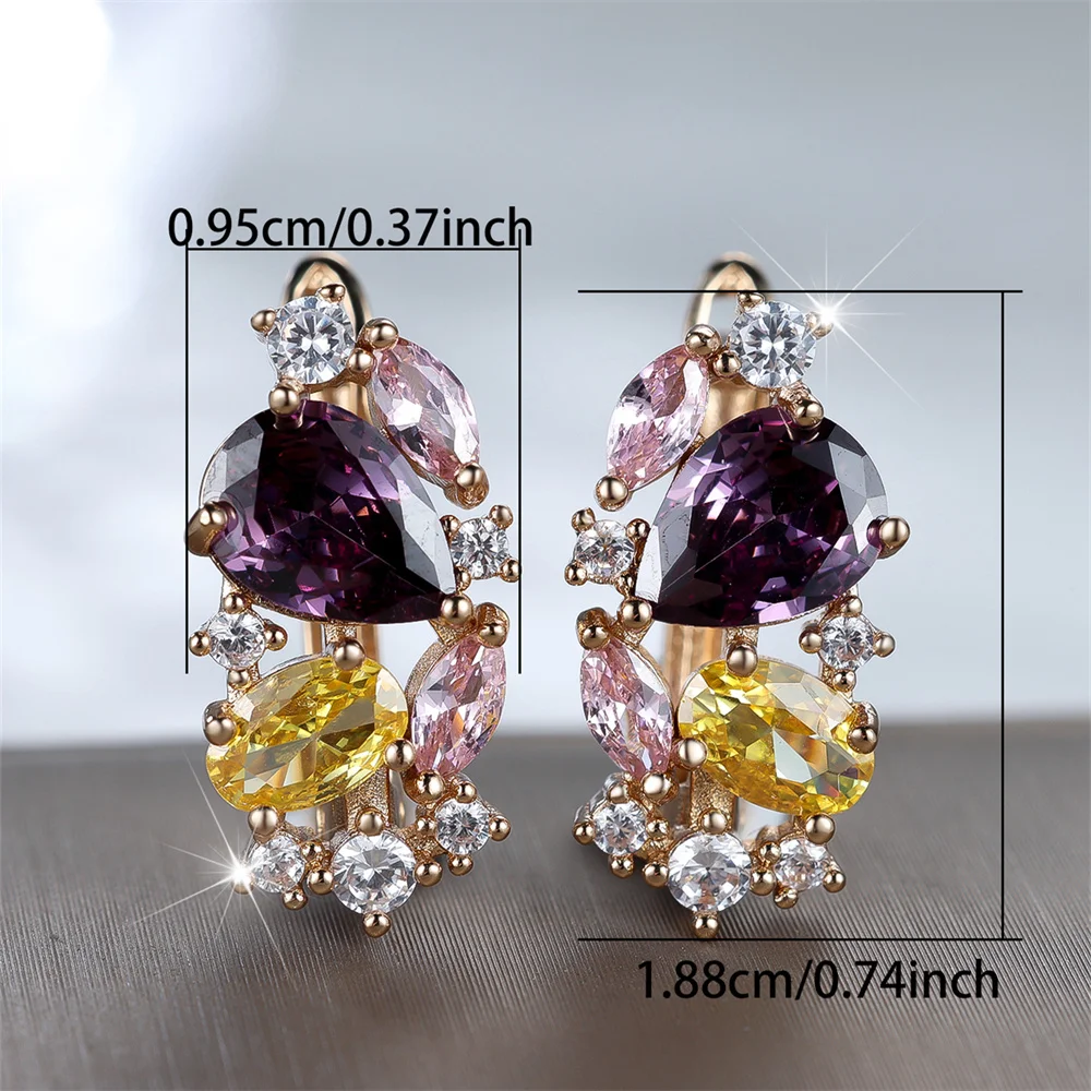 Purple Crystal Multicolor Water Drop Stone Hoop Earrings For Women Vintage Gold Color Ear Buckle Wedding Jewelry Engagement Gift