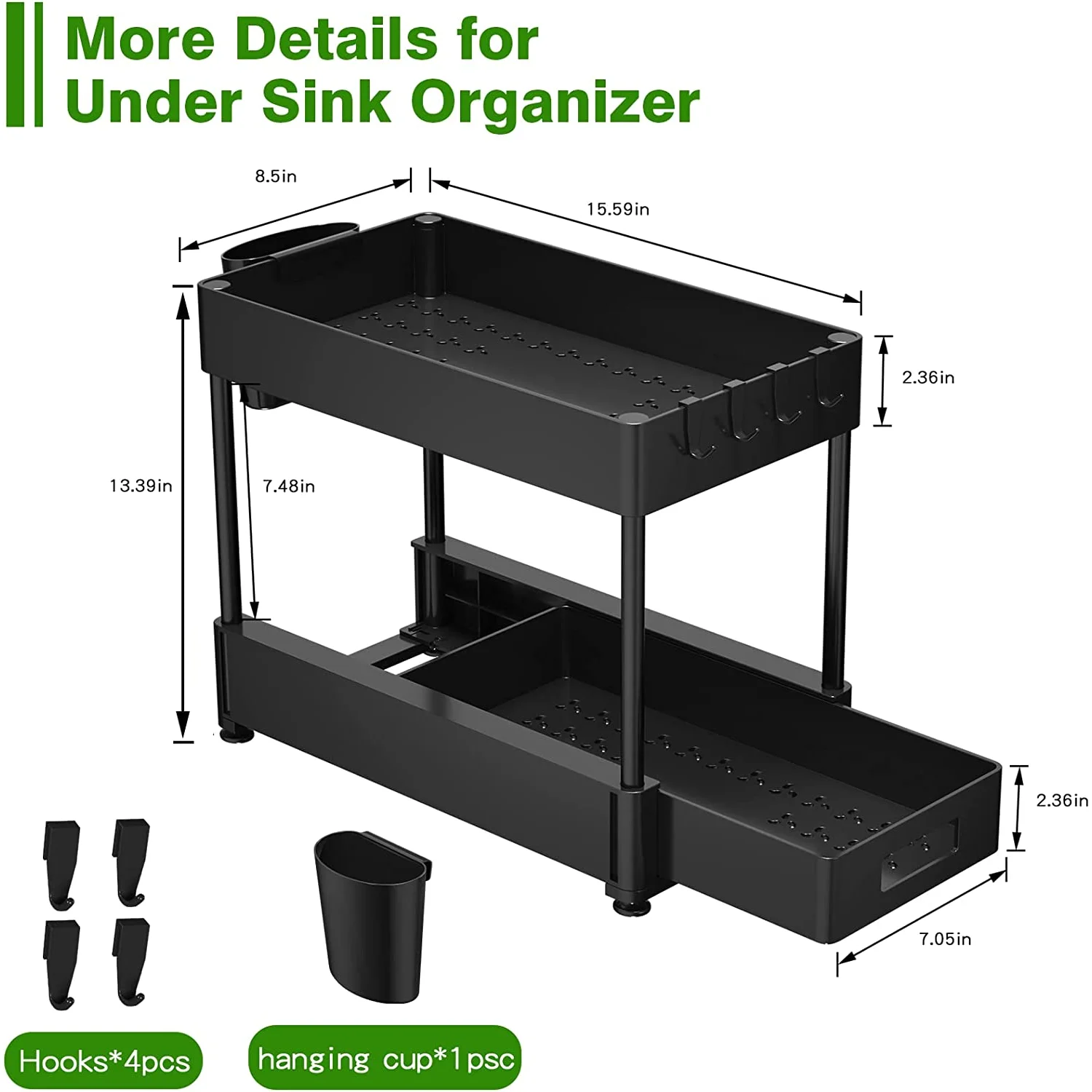 Under Sink Organizers And Storage, 2 Tier Sliding Under Bathroom Cabinet  Organizer With 4 Hooks 1 Hanging Cup Multi-use