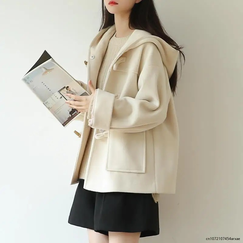 

Blends Women Winter New Hooded Horn Button Cropped Warm Outwear Loose Solid Simple Korean Style Soft Coats Clothes Temperament