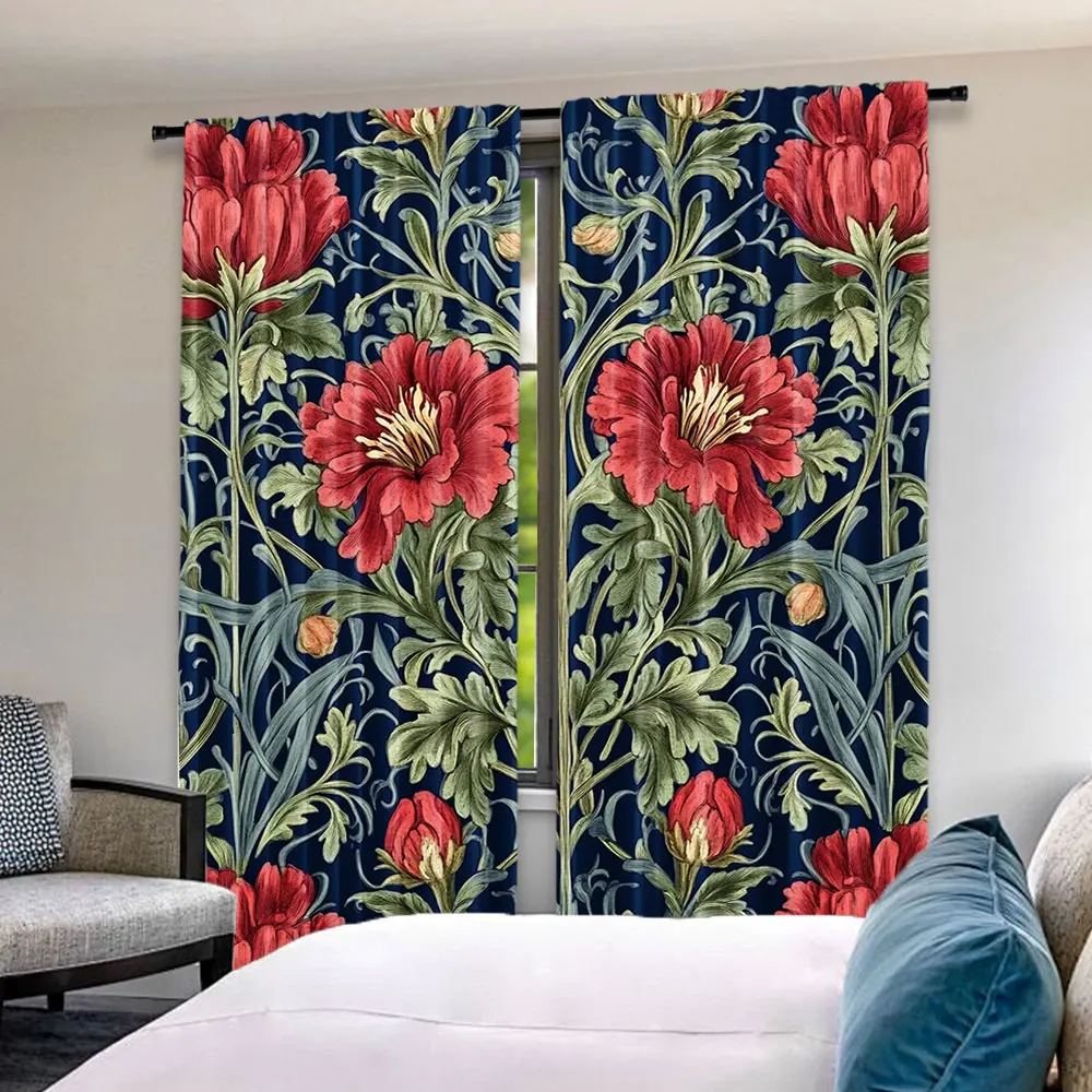 2Pcs Boho Watercolor Floral And Leaves Symmetry Curtain Suitable For Bedroom Kitchen Dining Room Living Room Study Office 4