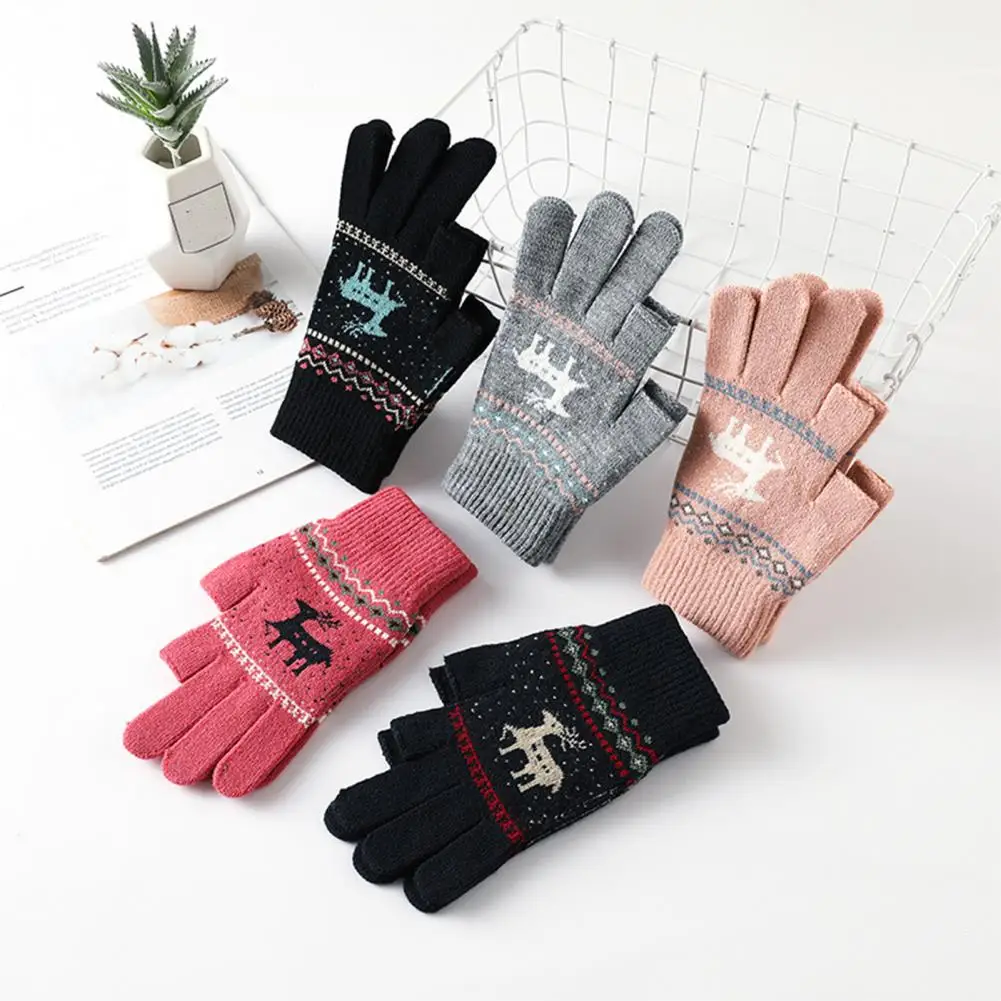 

1 Pair Women Gloves Knitted Touch Screen Cycling Gloves Elk Print Full Finger Cold Resistant Open Thumb Index Writing Gloves