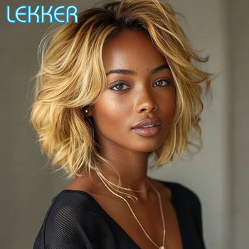 Peluca bob corta rizada rubio degradado de cabello humano Remy con encaje frontal C part 1